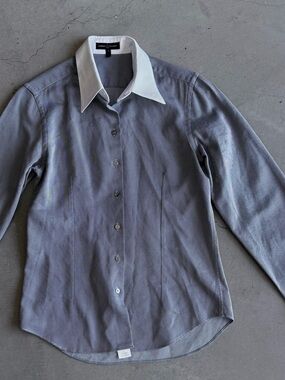 Anne Fontaine Two-Tone Blue Button-Down Shirt with White Collar